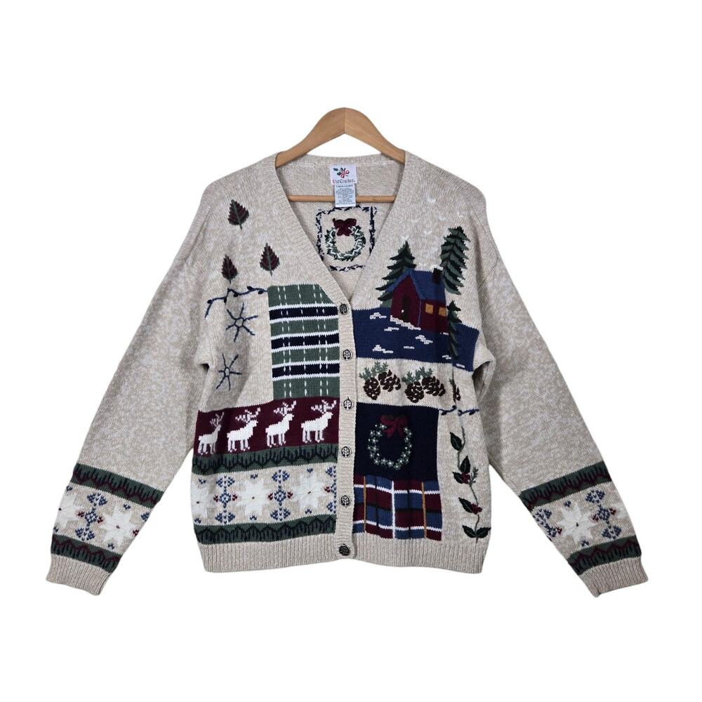 NutCracker Vintage Christmas Patchwork Cardigan Sweater L Oatmeal Reindeer